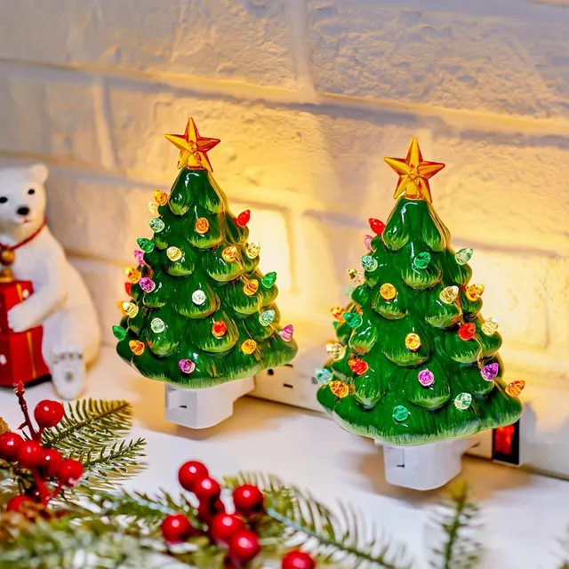 brightown-2-pack-6-ceramic-christmas-tree-night-light-with-star-topper-green image 1