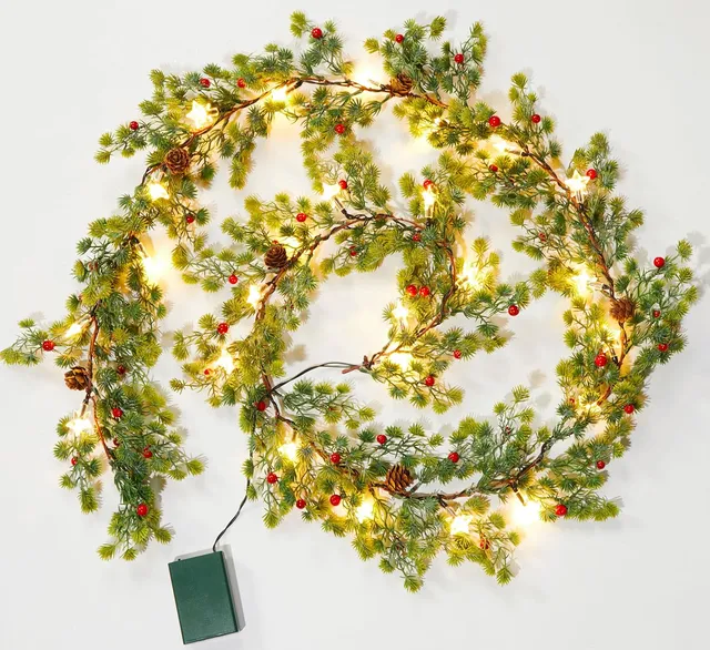 brightown-2-pack-6ft-led-lighted-pine-leaves-garlands-with-20-lights-each-batter image 1