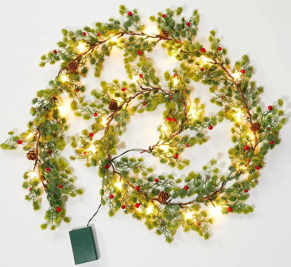 brightown-2-pack-6ft-led-lighted-pine-leaves-garlands-with-20-lights-each-batter image 1