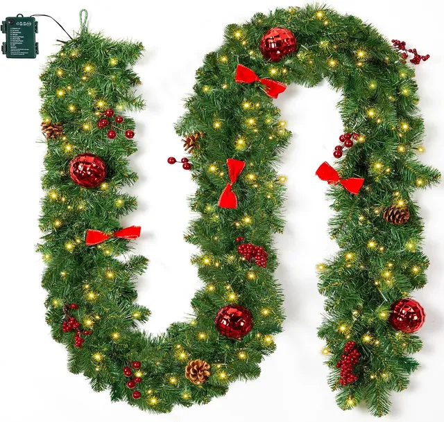 brightown-9ft-christmas-garland-with-lights-battery-operated-100-led-8-modes-tim image 1