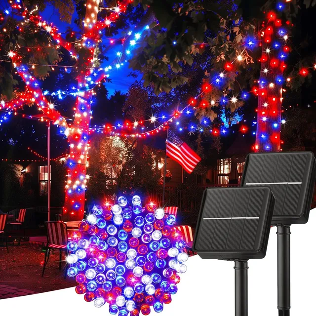 brightown-2-pack-total-200-led-80ft-solar-powered-red-white-blue-lights-patrioti image 1
