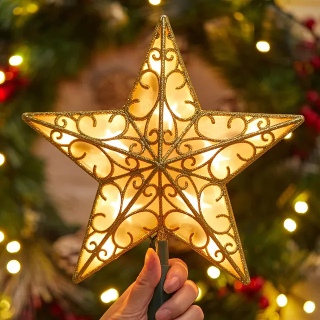 brightown-9-5in-plug-in-lighted-golden-glittered-3d-star-tree-topper-metal-hollo image 1