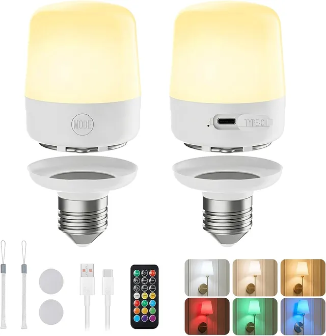 brightown-2-pack-e26-rechargeable-2300mah-light-bulbs-with-remote-12-colors-time image 1
