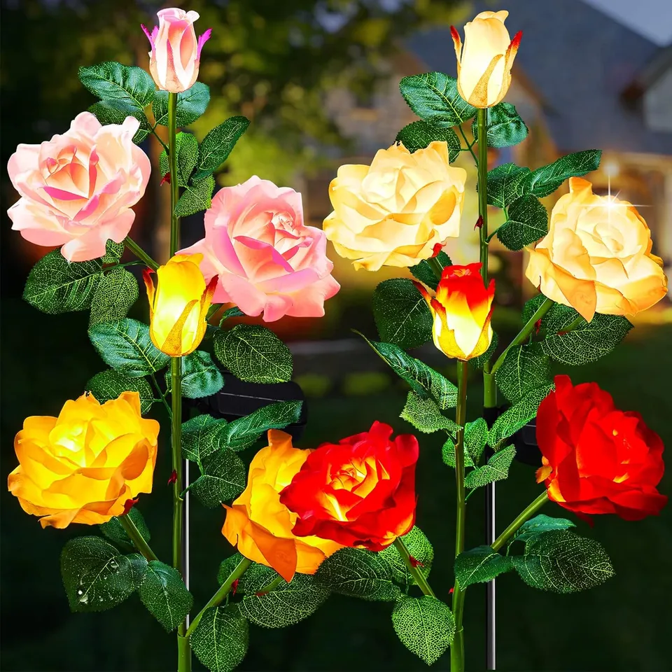 brightown-4-pack-realistic-rose-solar-garden-pathway-lights-waterproof-warm-whit image 1