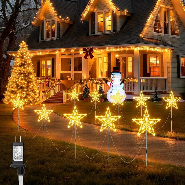 brightown-10-piece-waterproof-star-stake-pathway-lights-plug-in-8-modes-warm-whi image 1