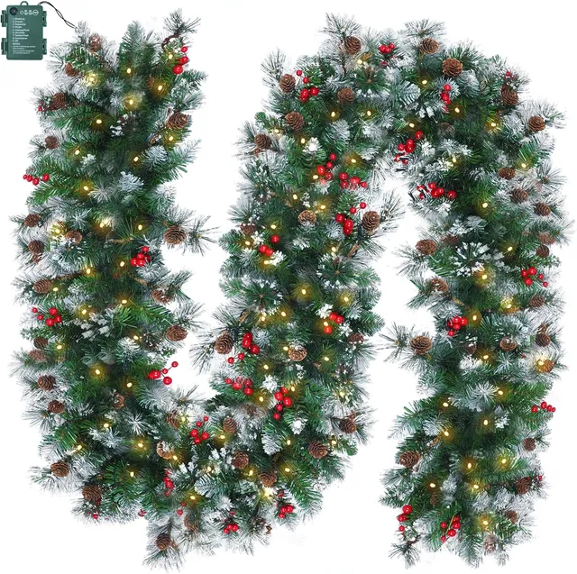 brightown-9ft-christmas-garland-with-lights-100-led-battery-operated-pine-cones- image 1