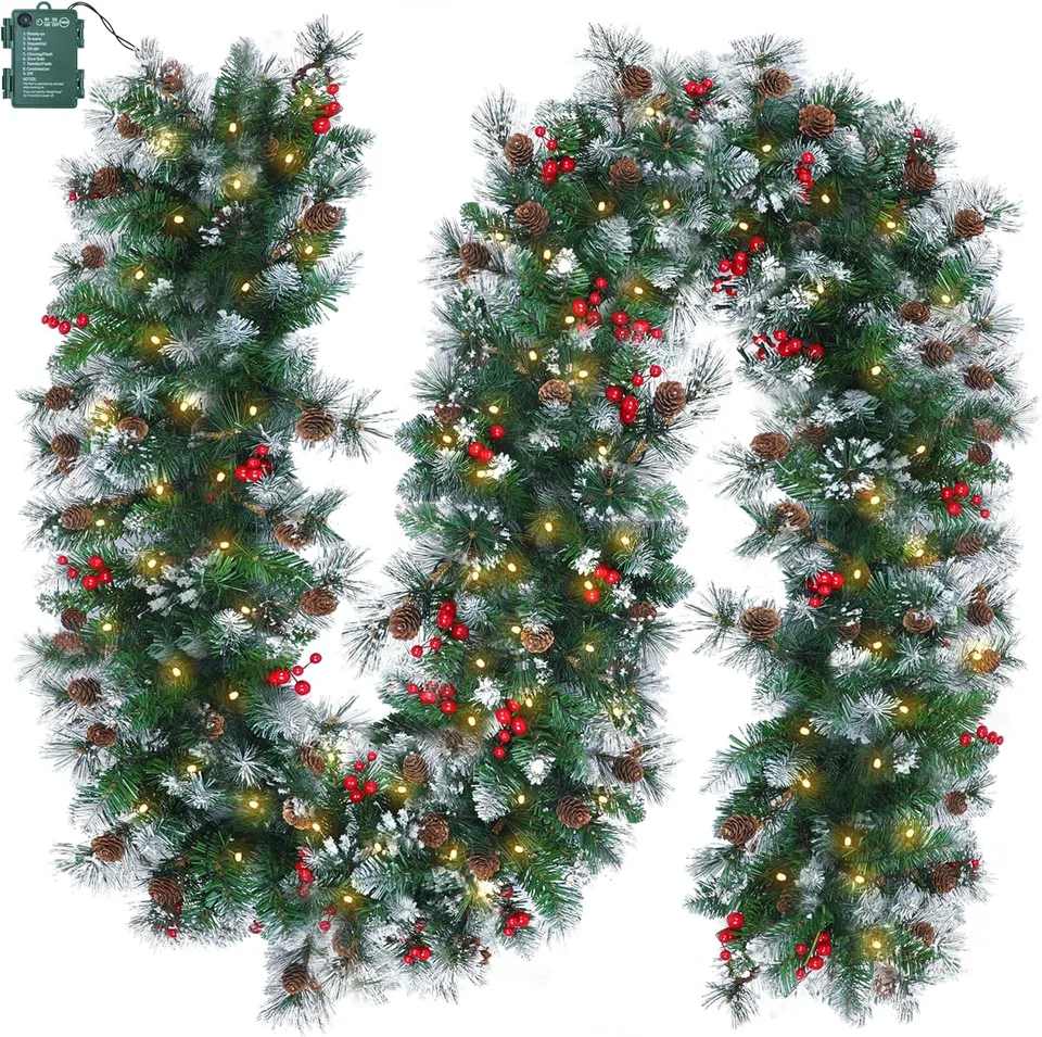 brightown-9ft-christmas-garland-with-lights-100-led-battery-operated-pine-cones- image 1