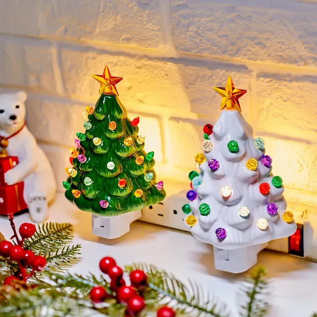 brightown-2-pack-vintage-ceramic-christmas-tree-night-light-6-inch-green-and-whi image 1