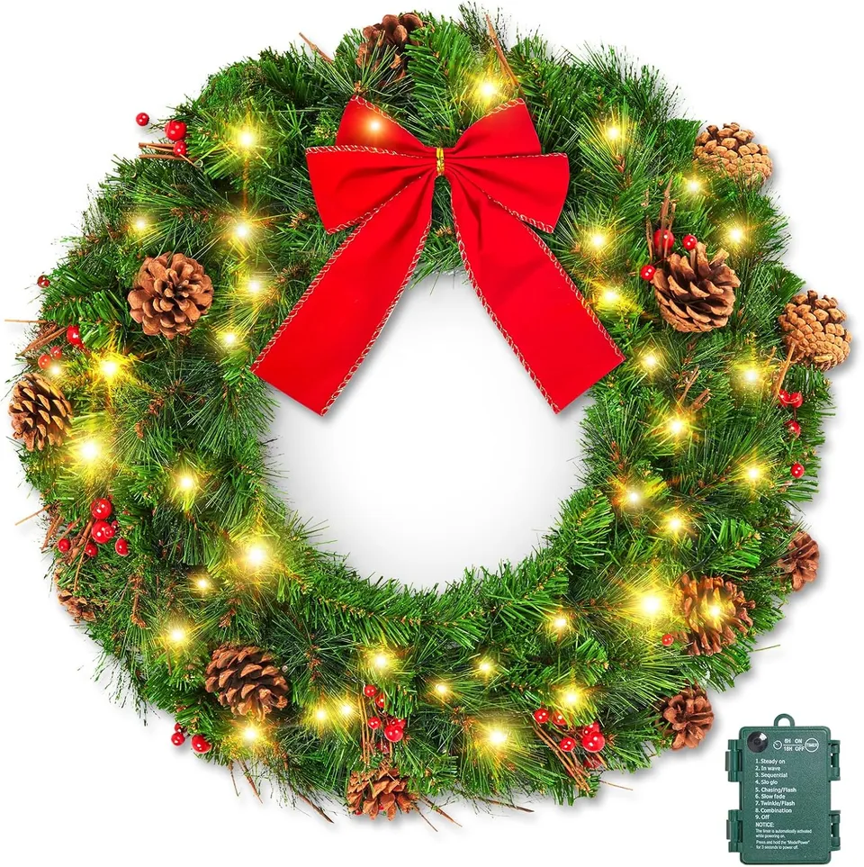 brightown-24-inch-pre-lit-christmas-wreath-for-front-door-ip44-battery-operated- image 1