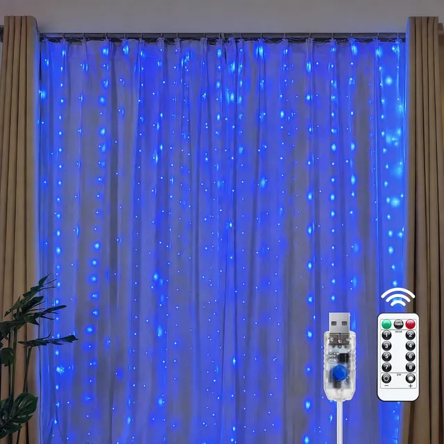 brightown-300-led-usb-curtain-lights-with-remote-9-8x9-8-ft-blue-8-modes-timer image 1