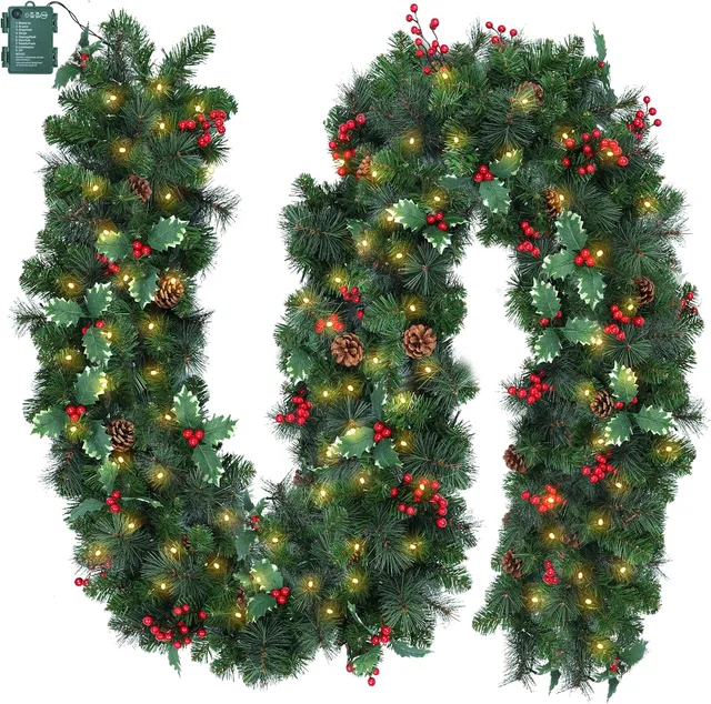 brightown-pre-lit-christmas-garland-with-lights-9ft-100led-lighted-garland-with- image 1