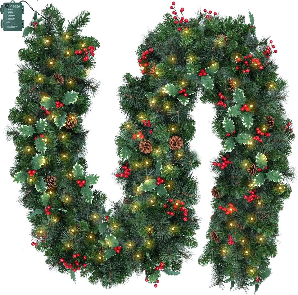 brightown-pre-lit-christmas-garland-with-lights-9ft-100led-lighted-garland-with- image 1