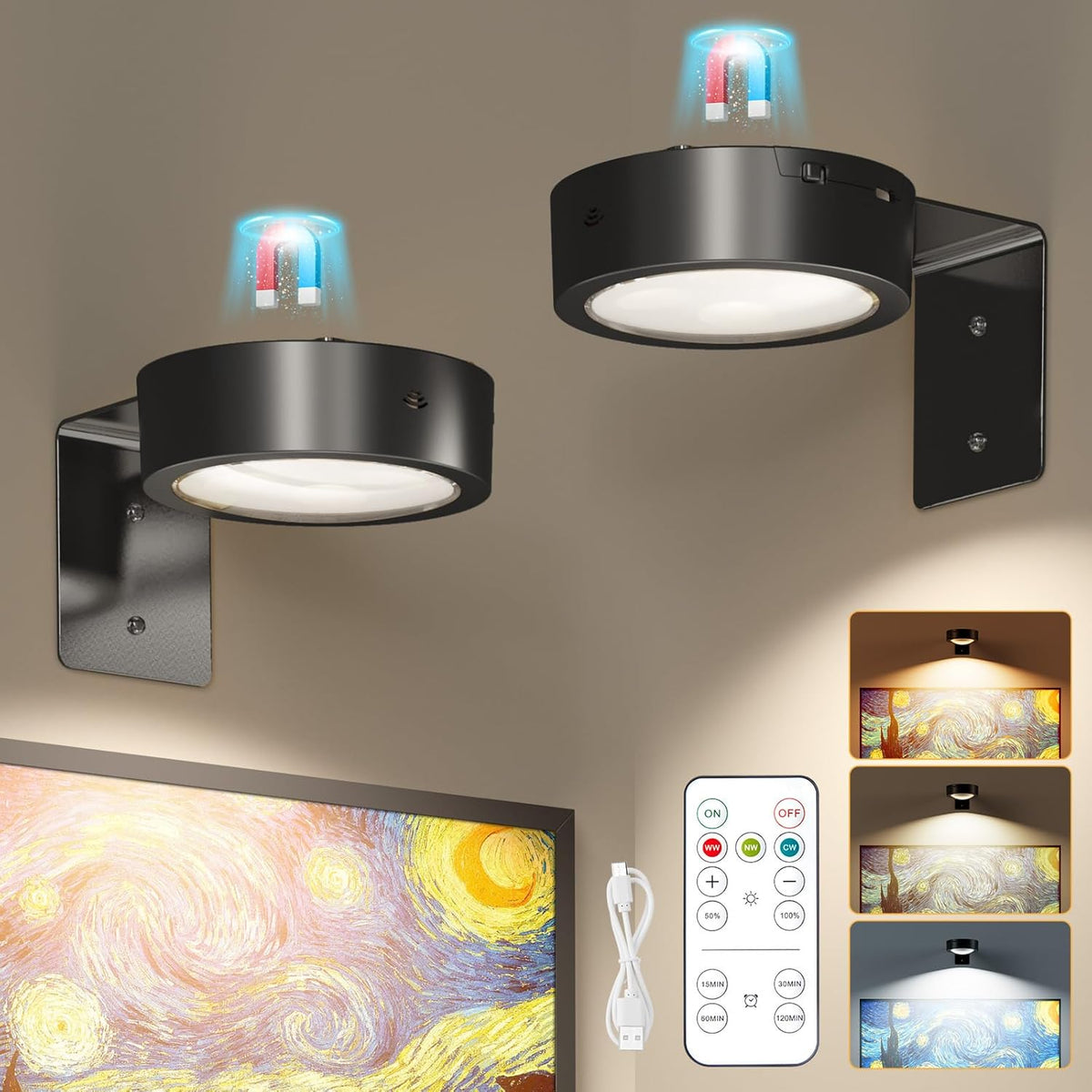 brightown-magnetic-picture-lights-2-3-pack-remote-control-dimmable-usb-rechargea image 1