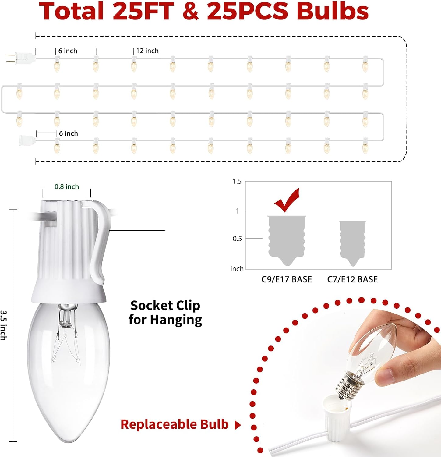 brightown-25ft-plug-in-c9-led-string-lights-25-warm-white-bulbs-white-wire-conne image 2