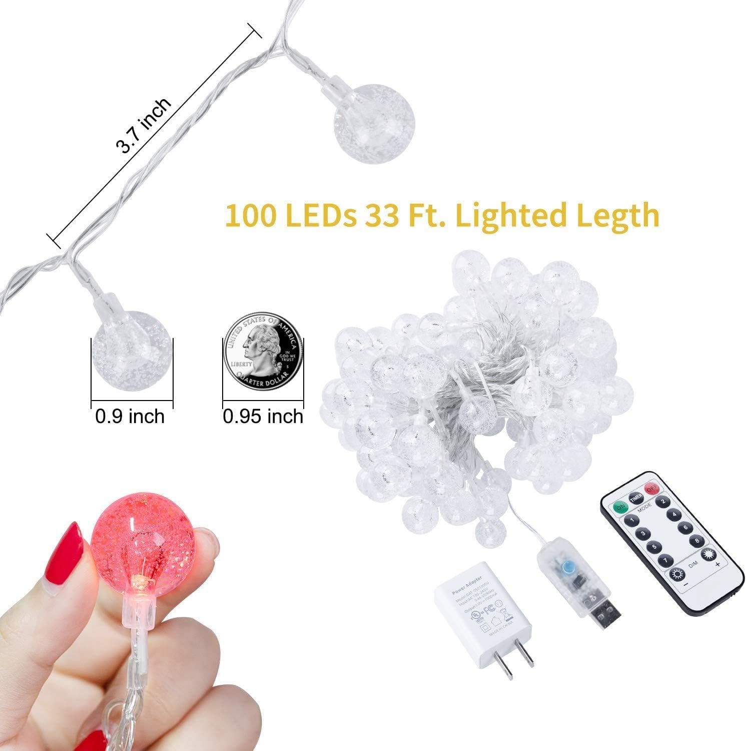 brightown-33ft-100-led-usb-plug-in-crystal-globe-fairy-lights-with-remote-8-mode image 2