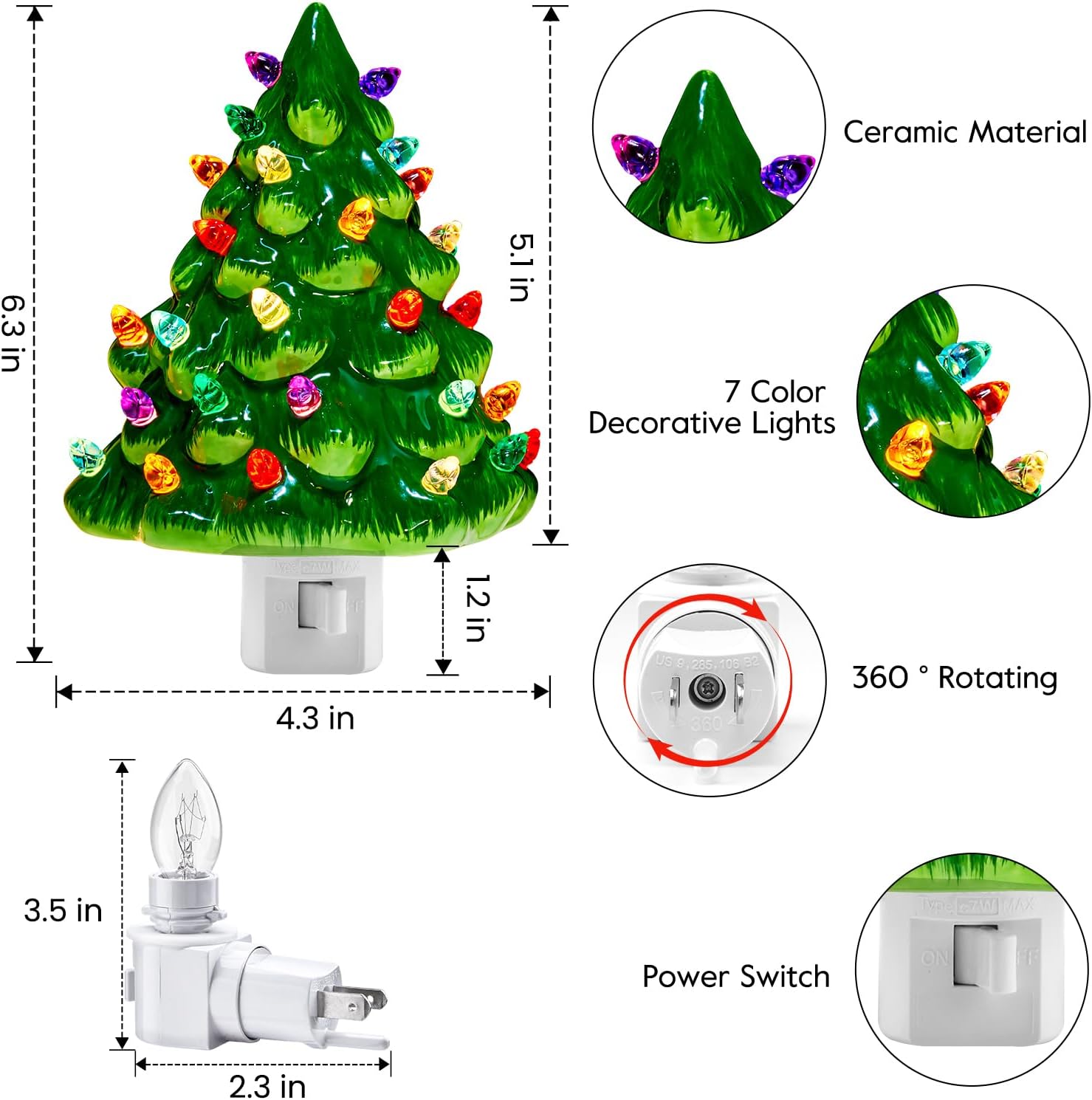 brightown-vintage-christmas-ceramic-tree-night-light-2-pack-6-inch-green-c7-bulb image 2