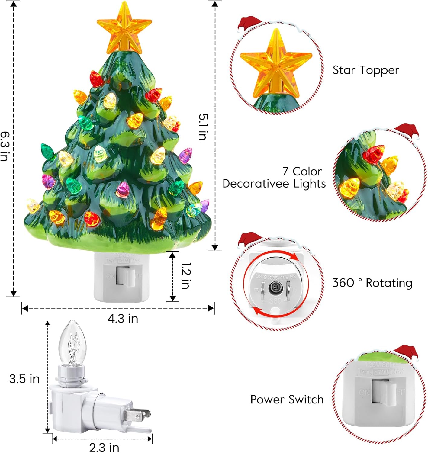 brightown-2-pack-vintage-ceramic-christmas-tree-night-light-6-inch-green-and-whi image 6