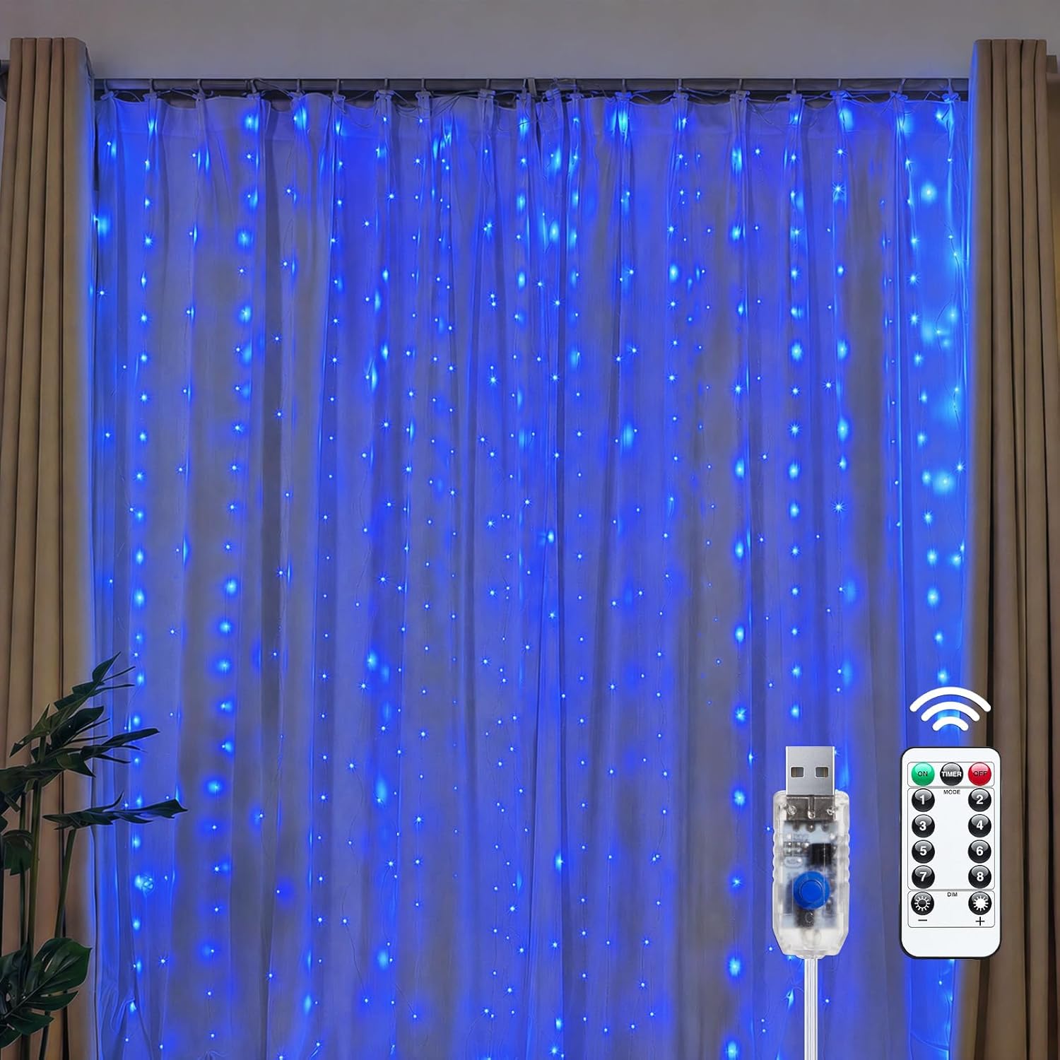 brightown-300-led-usb-curtain-lights-with-remote-9-8x9-8-ft-blue-8-modes-timer image 1