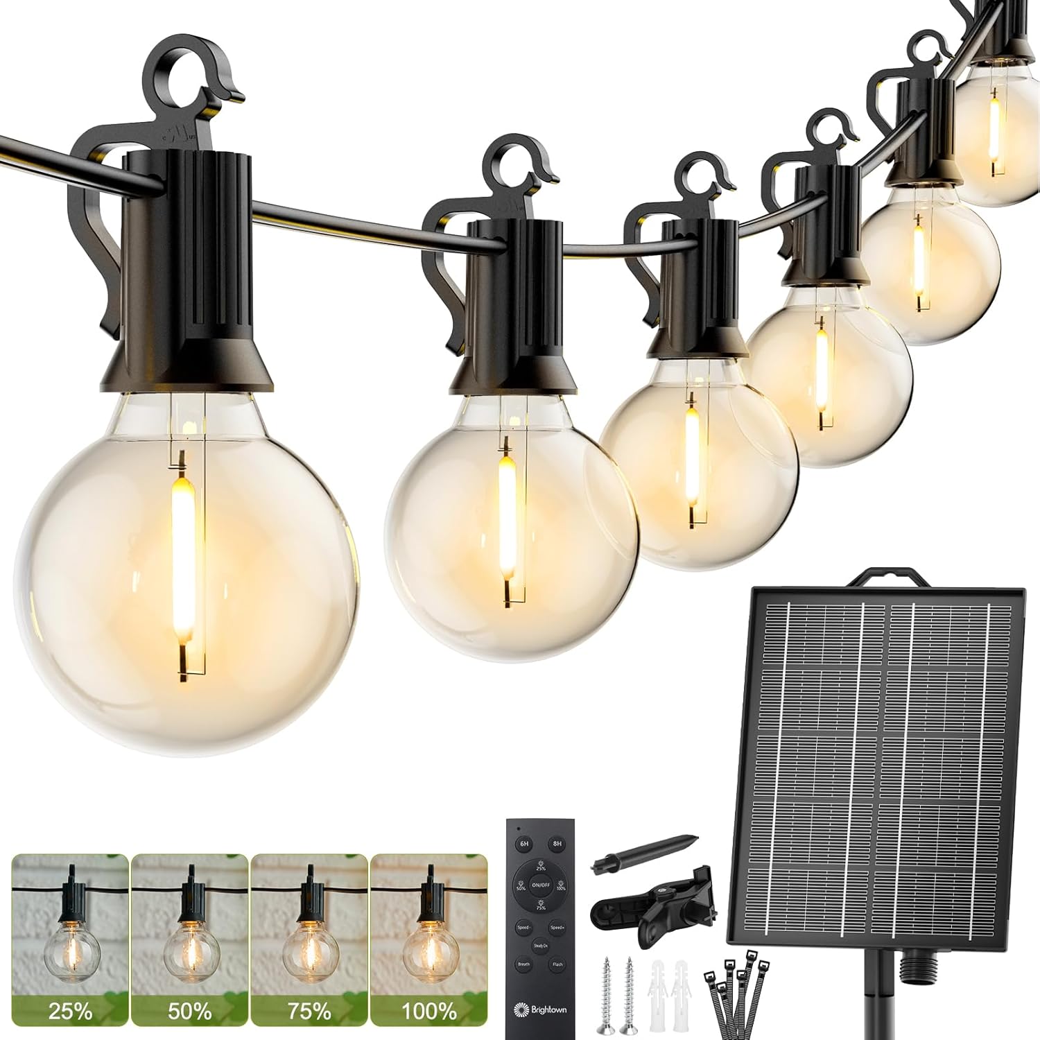 brightown-106ft-solar-powered-g40-33-led-bulbs-string-lights-with-remote-for-pat image 2