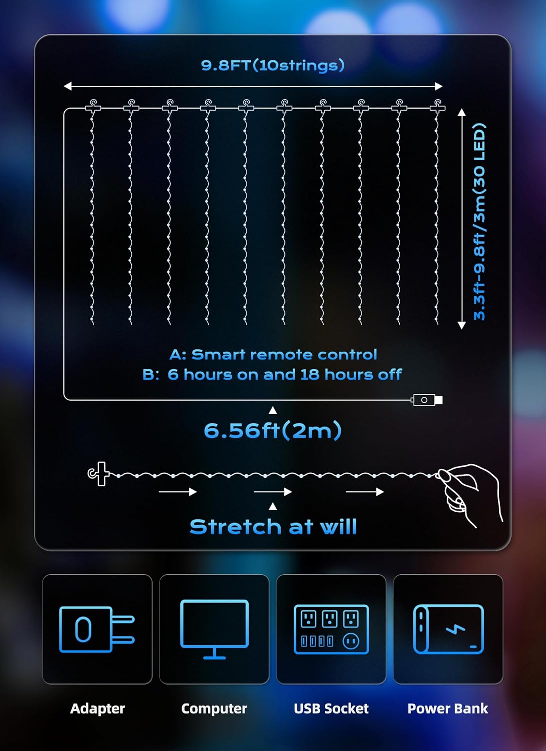brightown-300-led-usb-curtain-lights-with-remote-9-8x9-8-ft-blue-8-modes-timer image 2