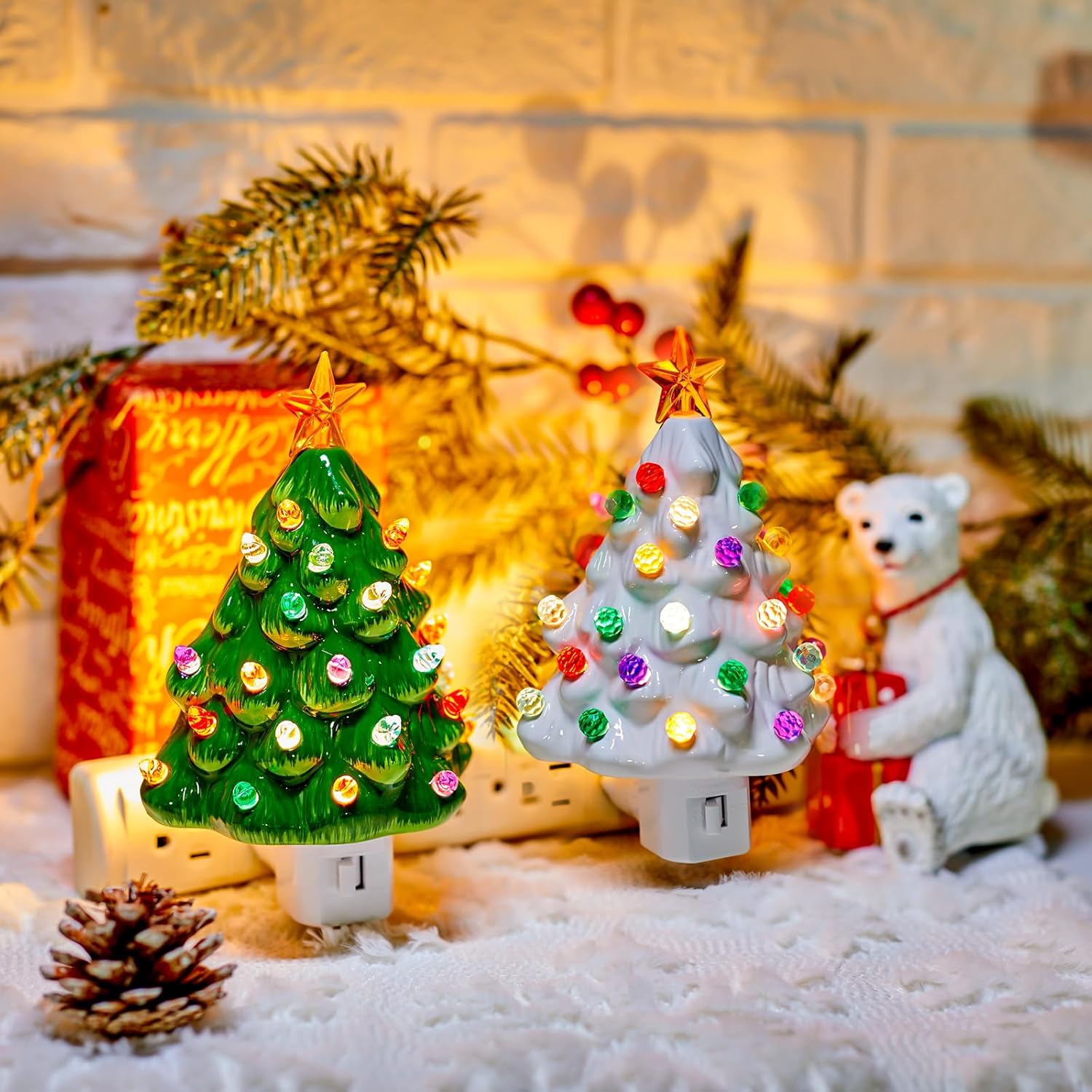 brightown-2-pack-vintage-ceramic-christmas-tree-night-light-6-inch-green-and-whi image 3