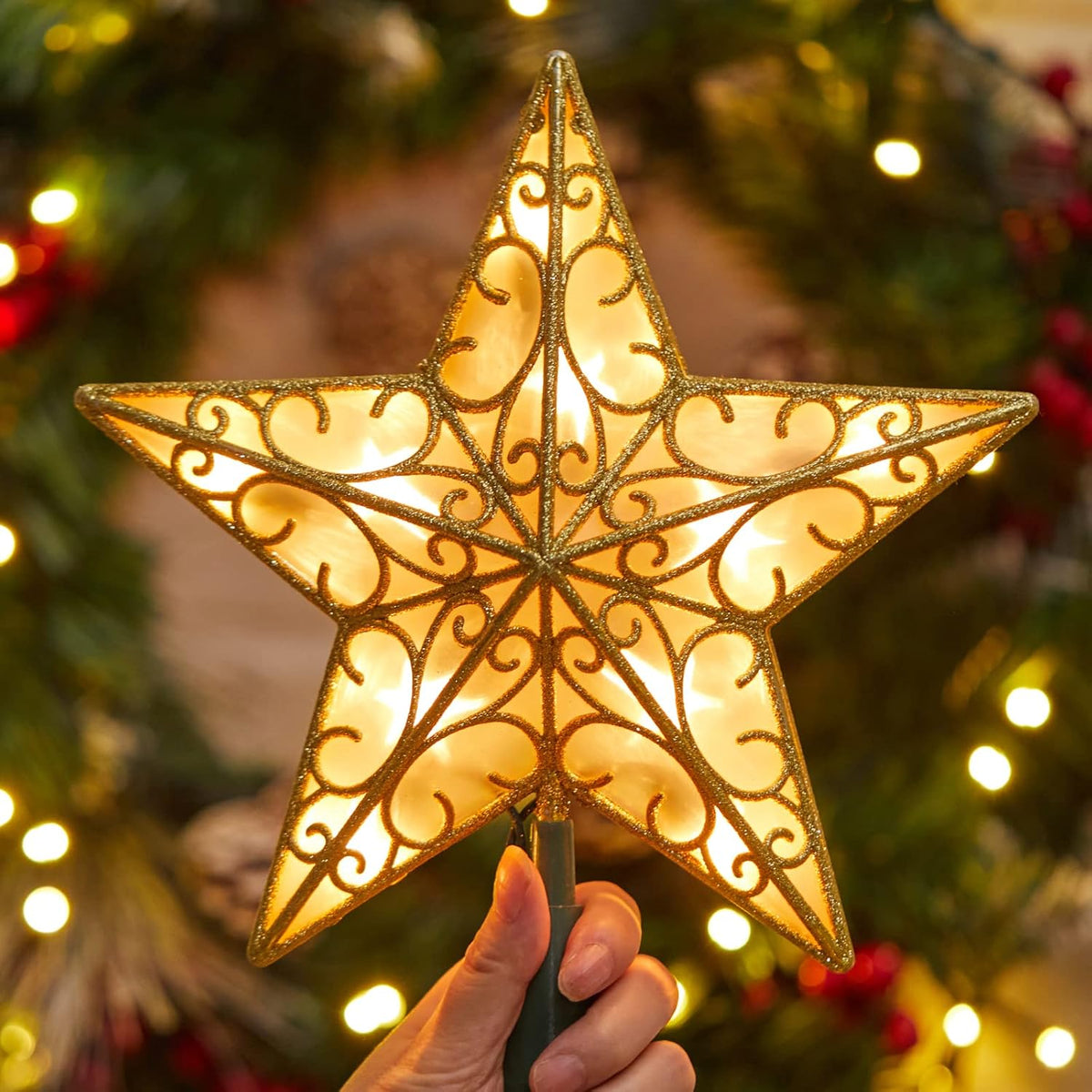 brightown-9-5in-plug-in-lighted-golden-glittered-3d-star-tree-topper-metal-hollo image 1