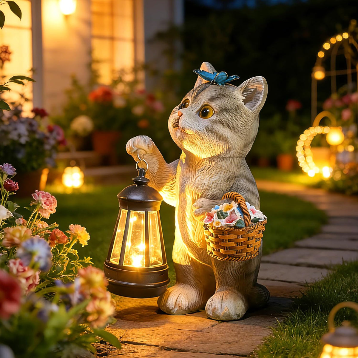 brightown-solar-cat-statue-with-lantern-flower-basket-garden-decor-hand-painted- image 1