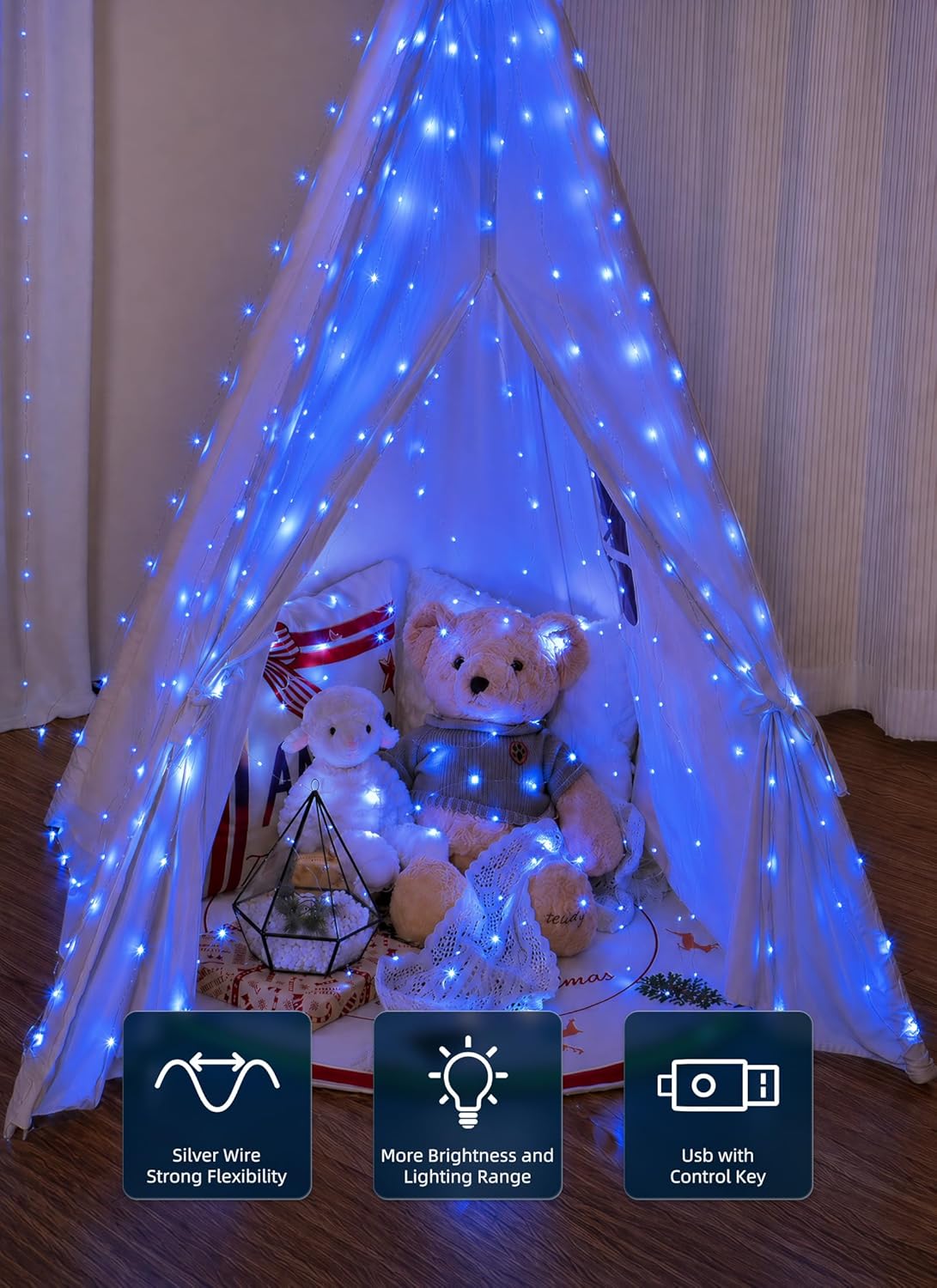 brightown-300-led-usb-curtain-lights-with-remote-9-8x9-8-ft-blue-8-modes-timer image 3