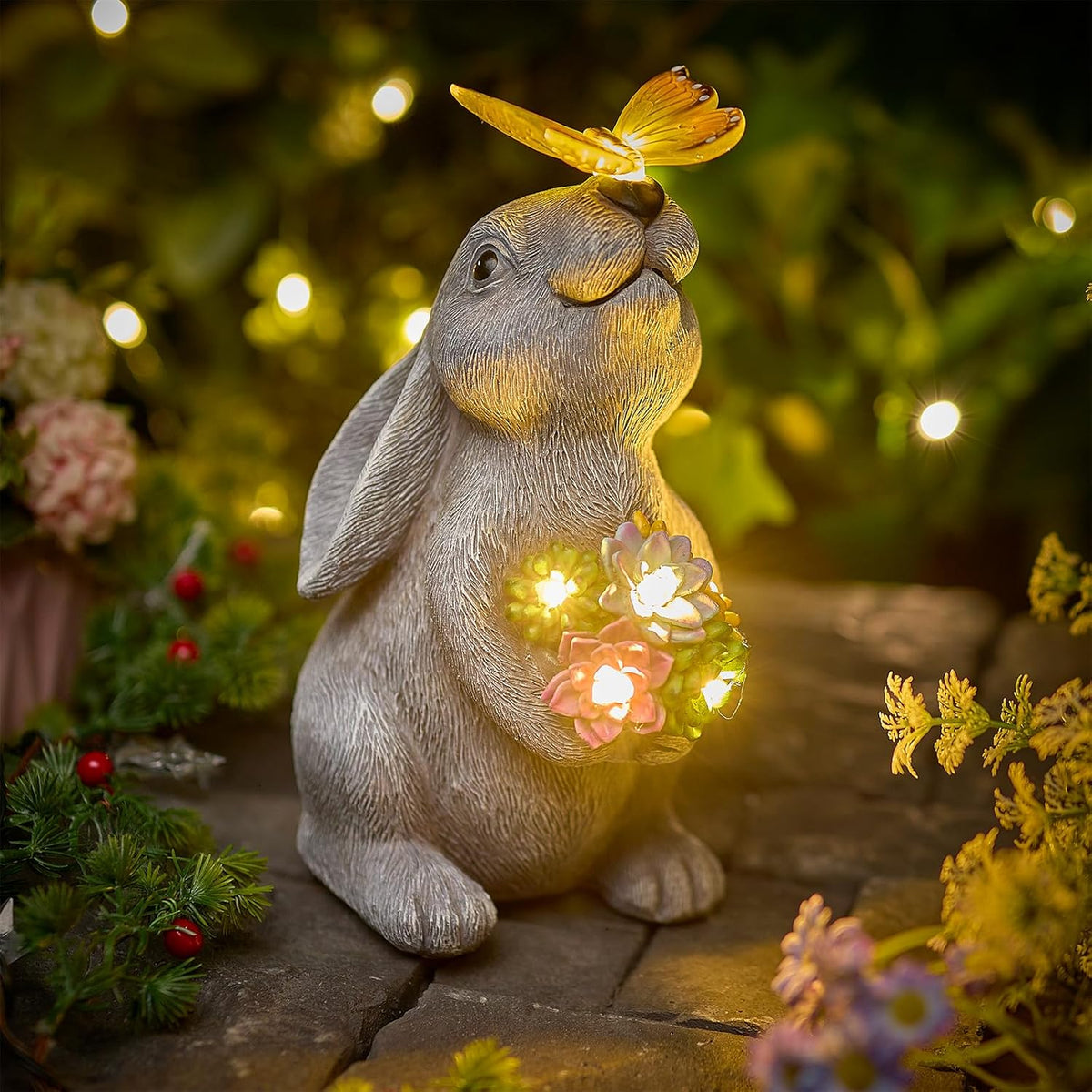 brightown-solar-powered-rabbit-statue-with-butterfly-and-flower-lights-for-garde image 1