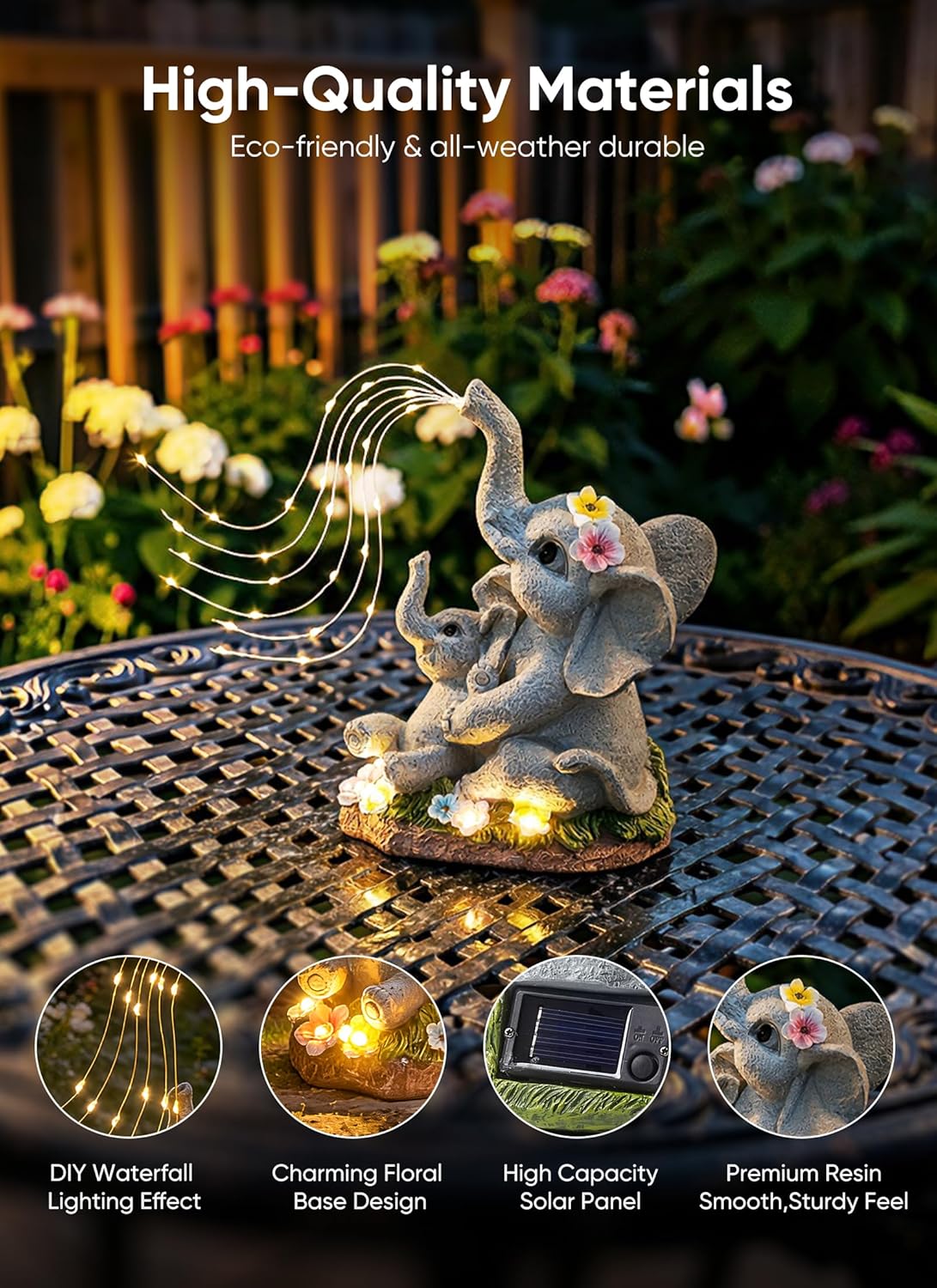brightown-solar-powered-elephant-statue-with-diy-led-5-succulent-led-lights-for- image 3