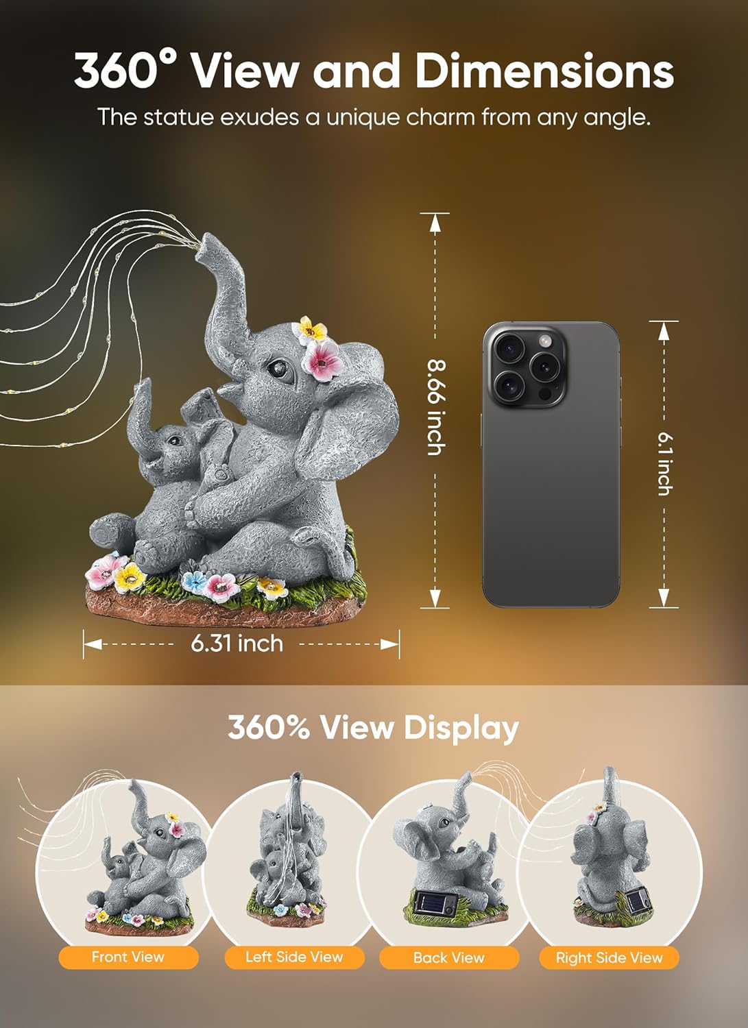 brightown-solar-powered-elephant-statue-with-diy-led-5-succulent-led-lights-for- image 6