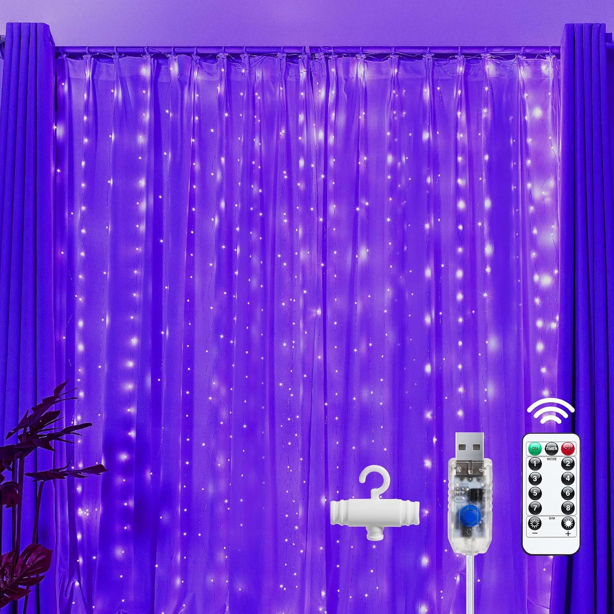 brightown-300-led-purple-9-8ft-x-9-8ft-fairy-curtain-lights-for-bedroom-christma image 1