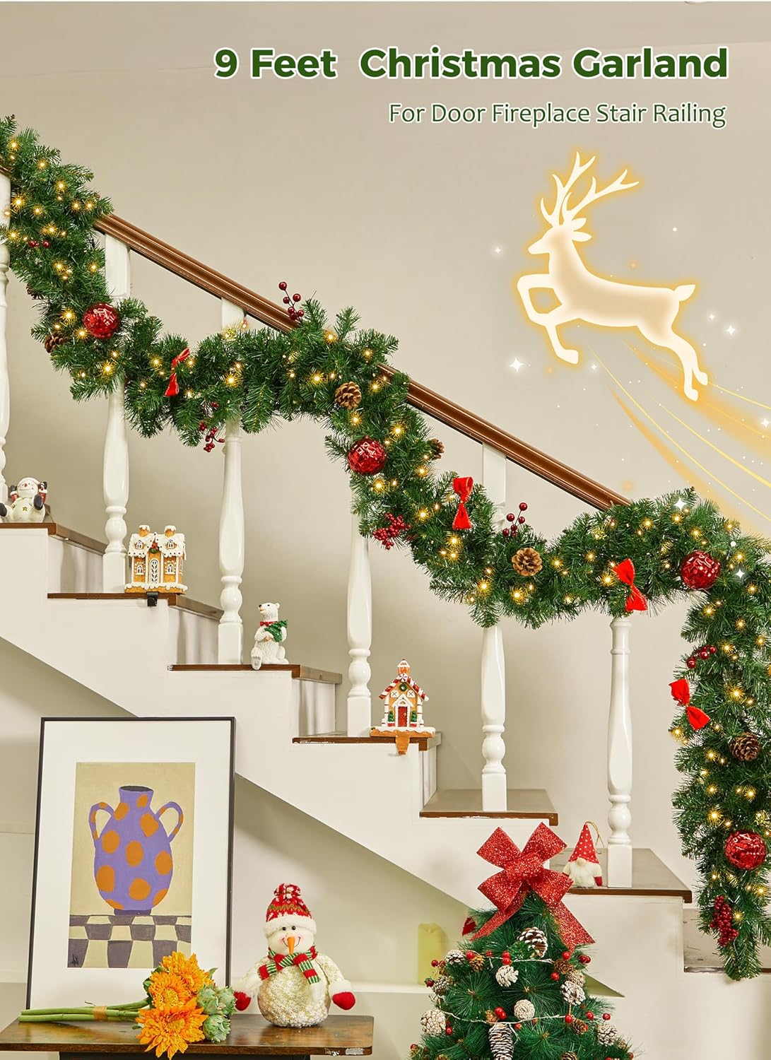 brightown-prelit-christmas-garland-9ft-battery-operated-100-warm-white-led-light image 2