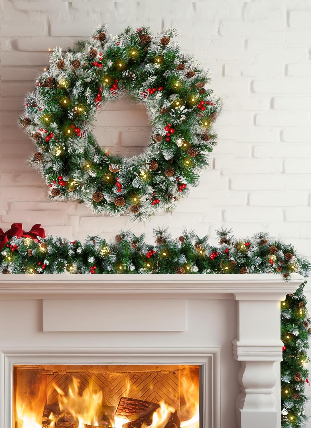 brightown-9ft-christmas-garland-with-lights-100-led-battery-operated-pine-cones- image 3