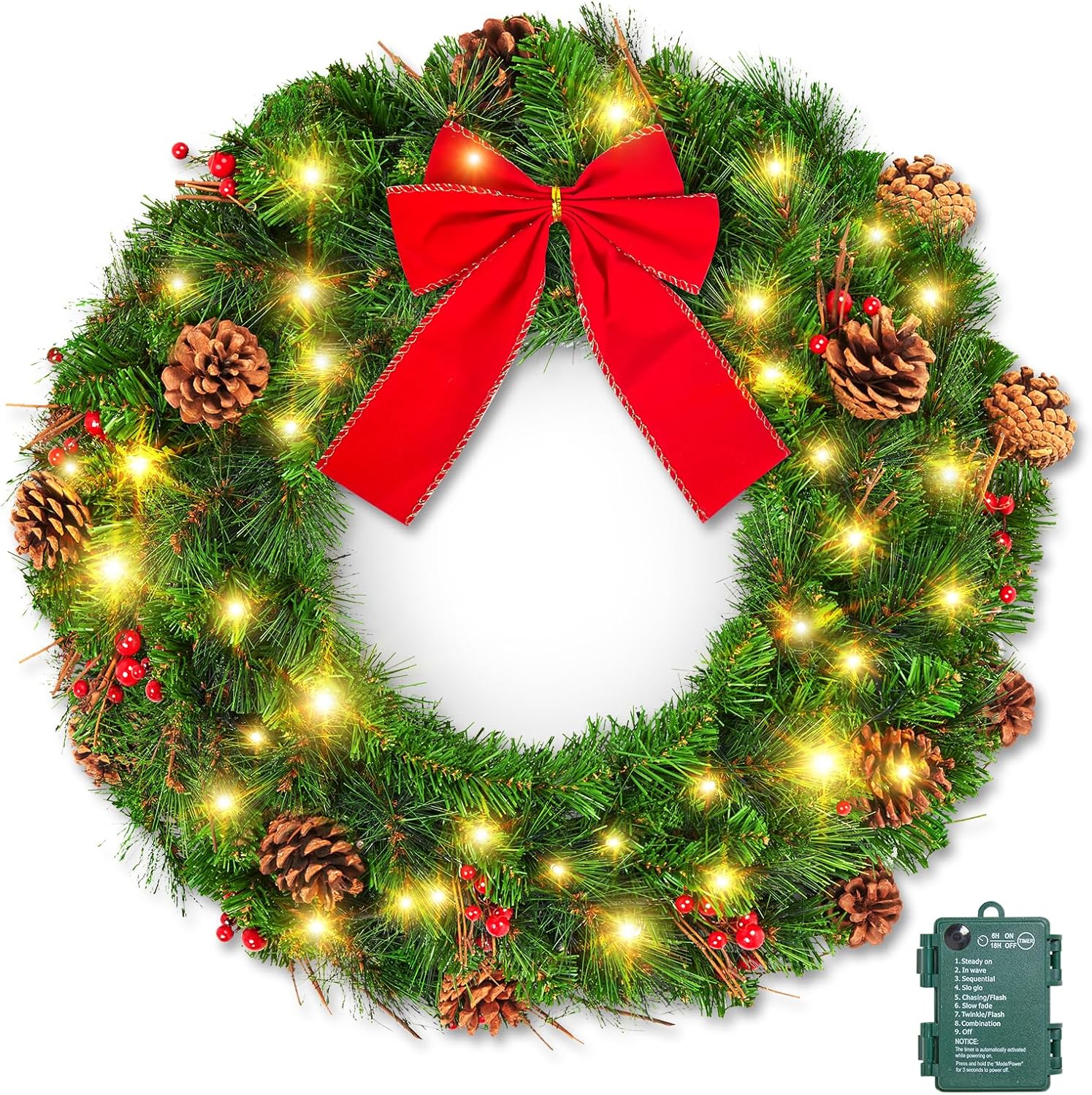 brightown-24-inch-pre-lit-christmas-wreath-for-front-door-ip44-battery-operated- image 1