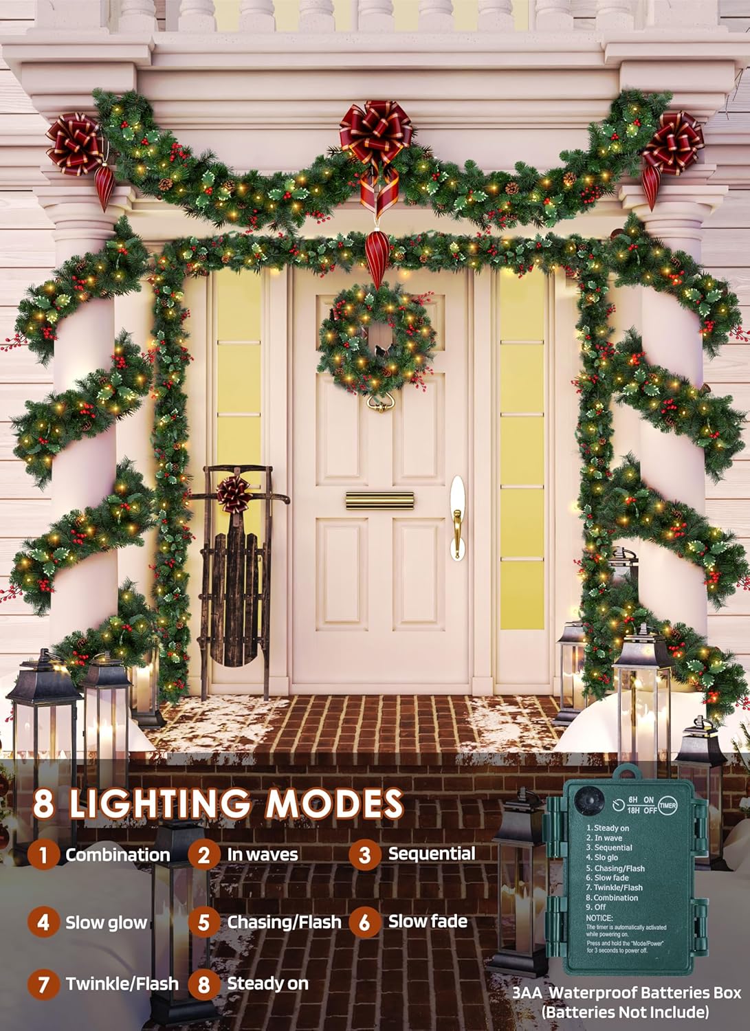 brightown-pre-lit-christmas-garland-with-lights-9ft-100led-lighted-garland-with- image 4