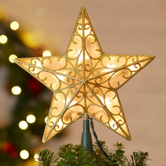 brightown-9-5in-plug-in-lighted-golden-glittered-3d-star-tree-topper-metal-hollo image 2