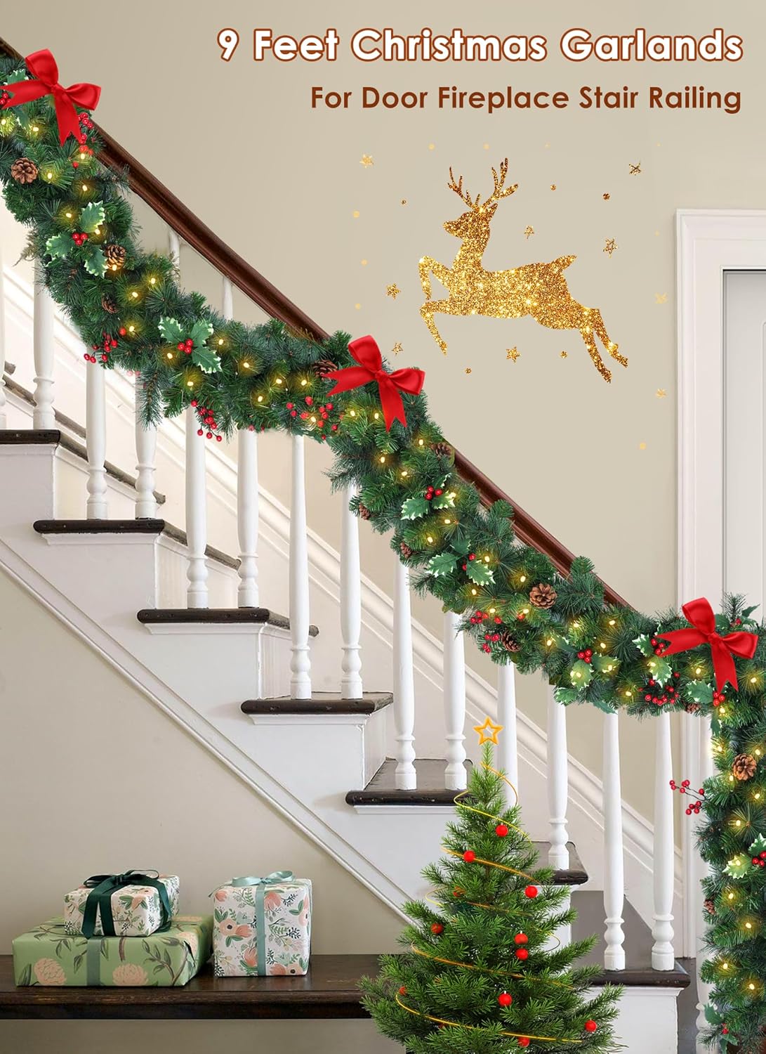 brightown-pre-lit-christmas-garland-with-lights-9ft-100led-lighted-garland-with- image 5