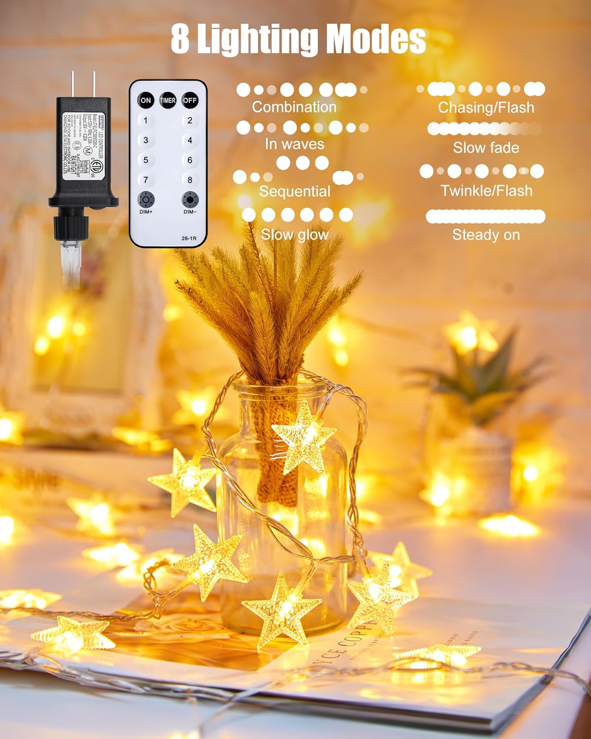 brightown-66ft-plug-in-200-led-warm-white-star-string-lights-with-remote-8-modes image 3