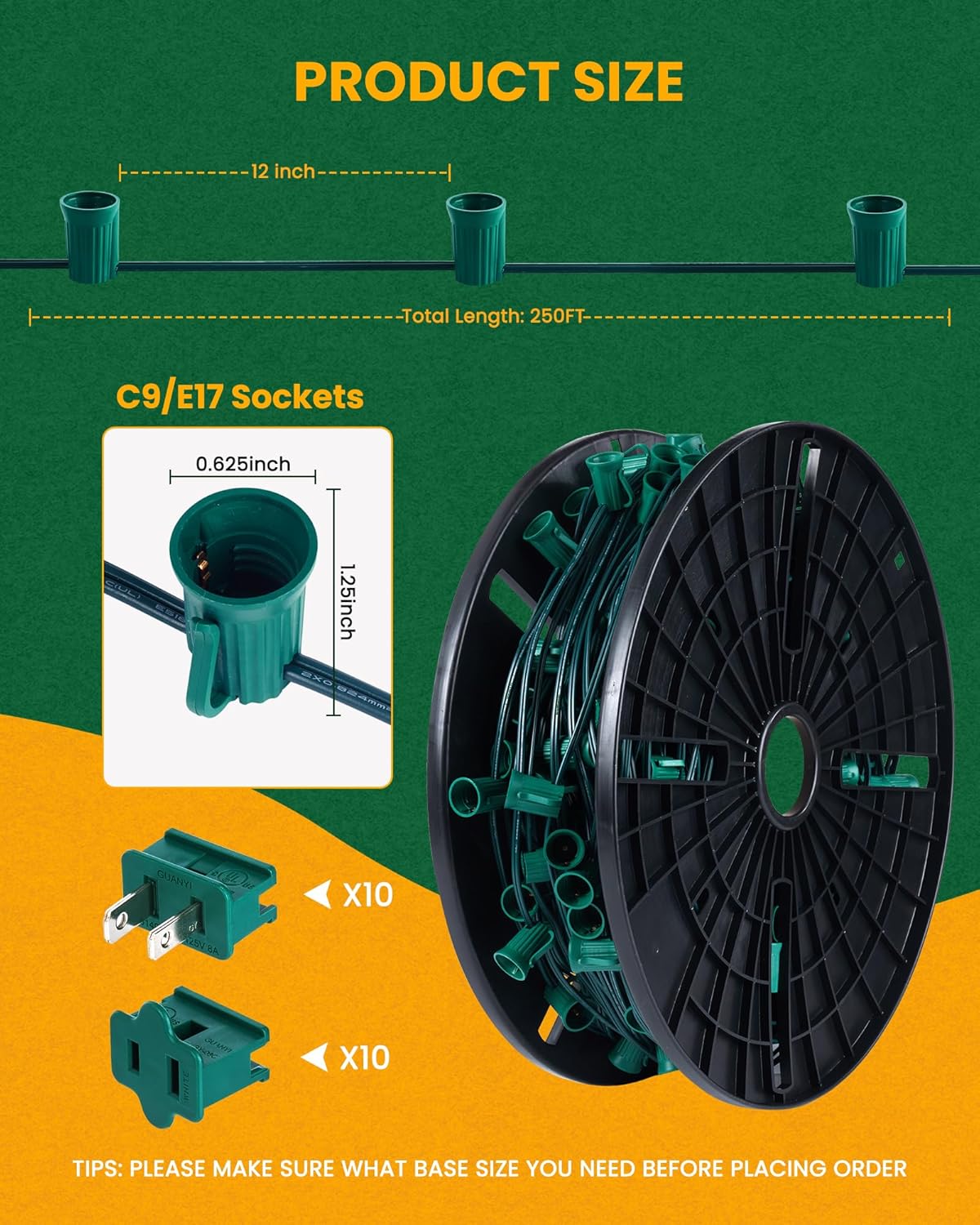 brightown-commercial-c9-e17-christmas-light-sockets-spool-250ft-12-spacing-green image 2