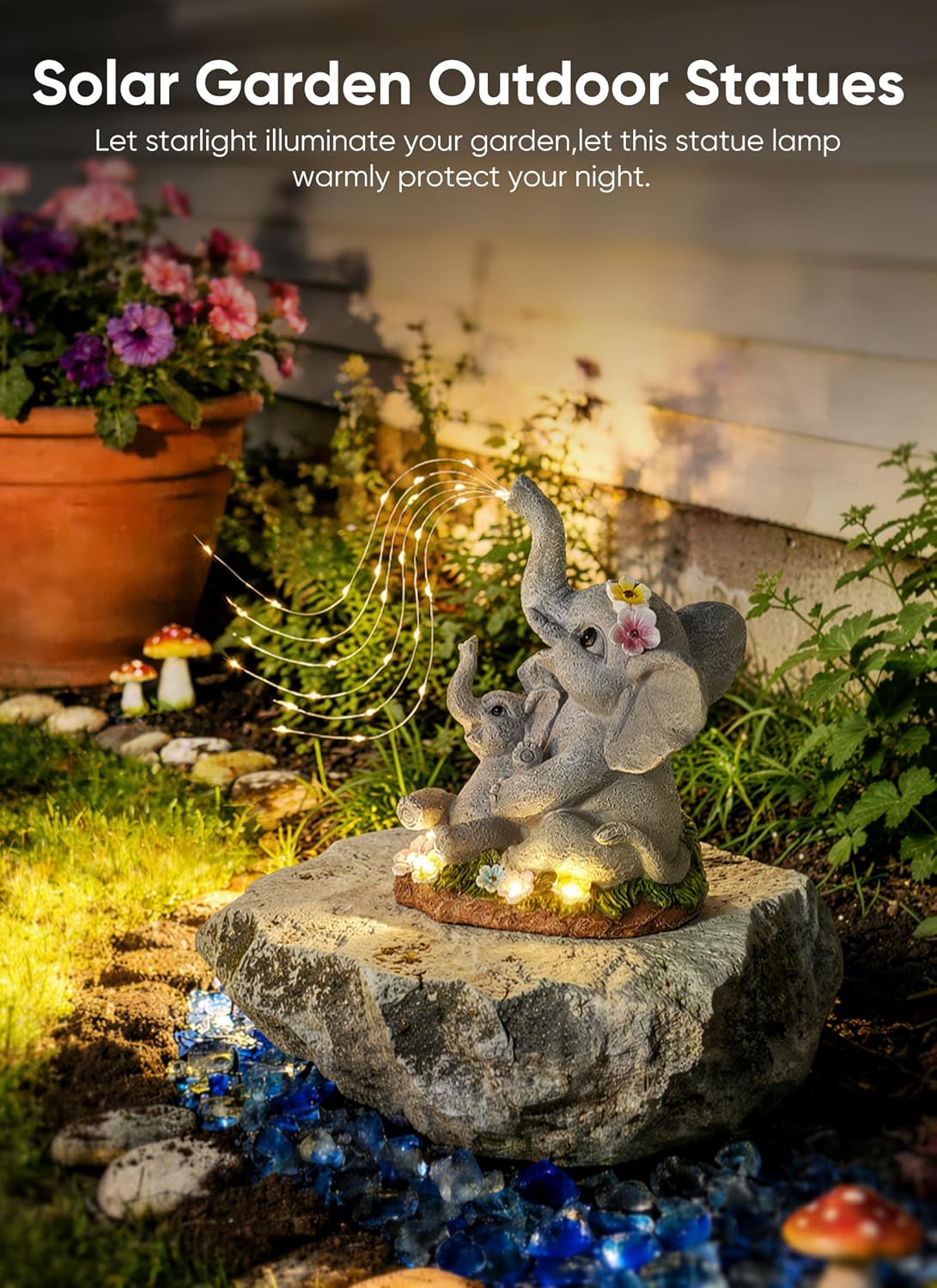 brightown-solar-powered-elephant-statue-with-diy-led-5-succulent-led-lights-for- image 2