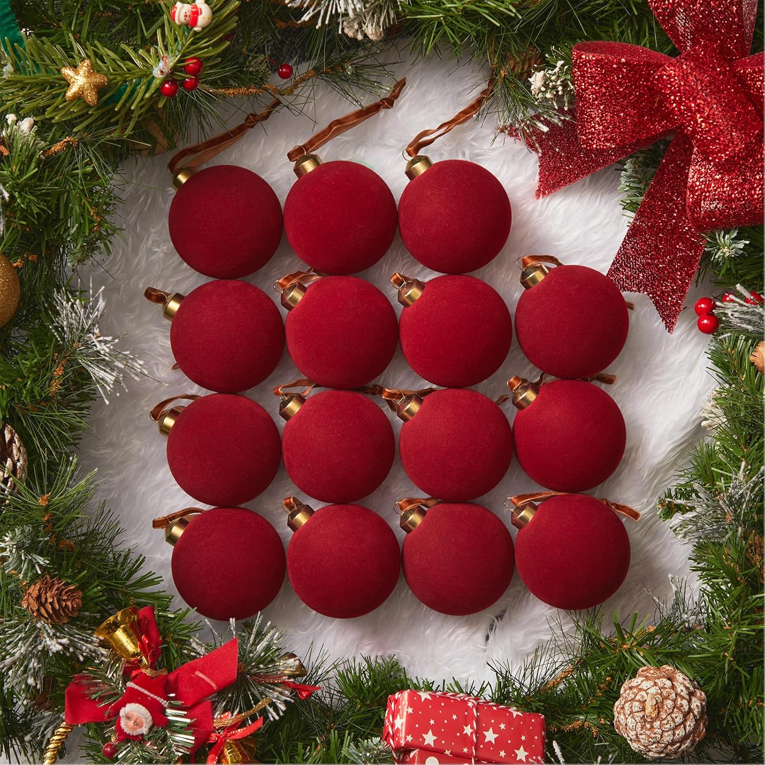 brightown-15-piece-3-15-inch-red-velvet-christmas-ornaments-shatterproof image 1