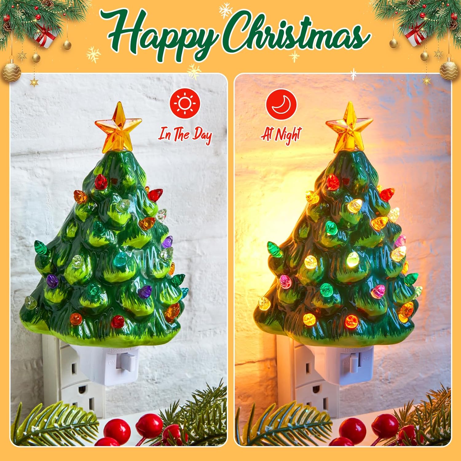 brightown-2-pack-vintage-ceramic-christmas-tree-night-light-6-inch-green-and-whi image 2