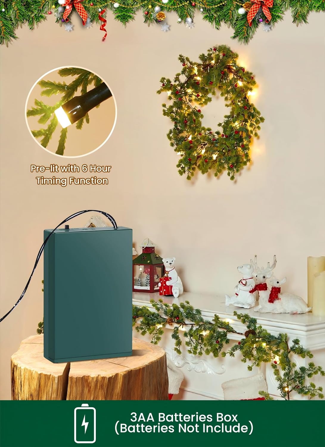 brightown-2-pack-6ft-led-lighted-pine-leaves-garlands-with-20-lights-each-batter image 5