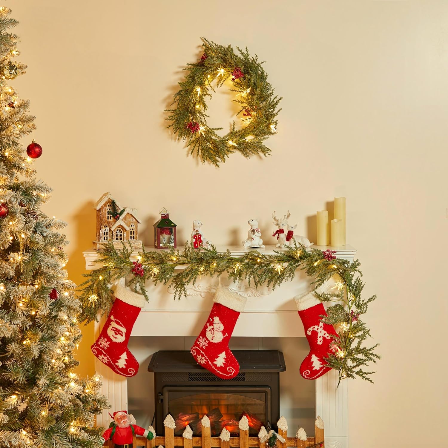 brightown-6ft-led-lighted-pine-leaves-garland-with-20-warm-white-lights-battery- image 2