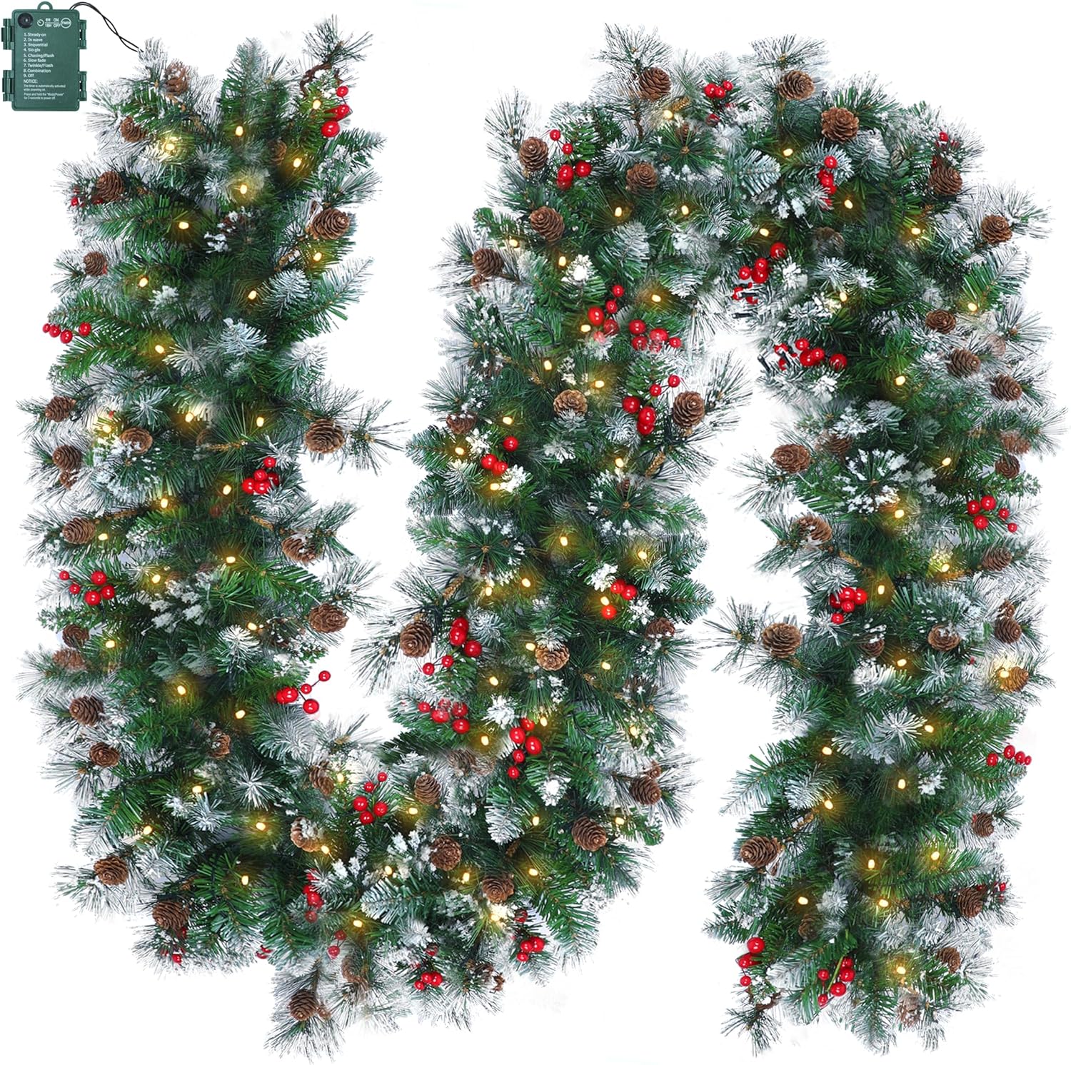 brightown-9ft-christmas-garland-with-lights-100-led-battery-operated-pine-cones- image 1