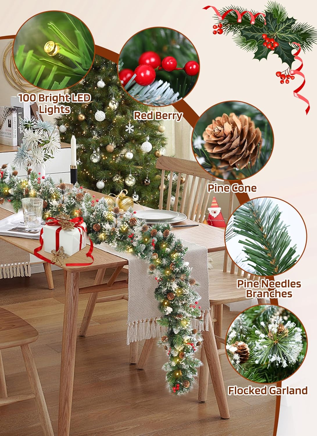 brightown-9ft-christmas-garland-with-lights-100-led-battery-operated-pine-cones- image 2