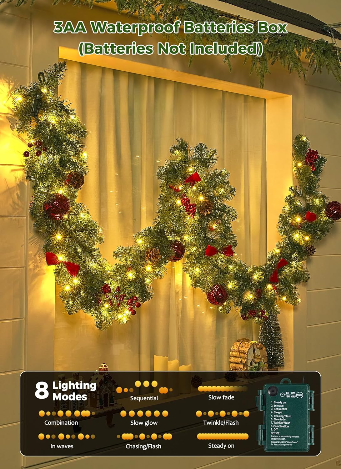 brightown-prelit-christmas-garland-9ft-battery-operated-100-warm-white-led-light image 4