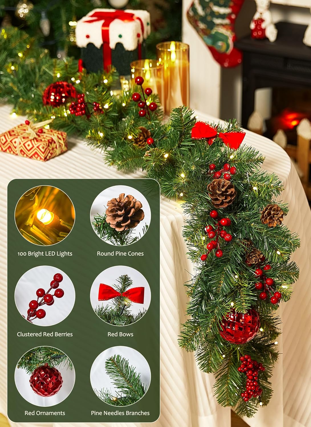 brightown-prelit-christmas-garland-9ft-battery-operated-100-warm-white-led-light image 5