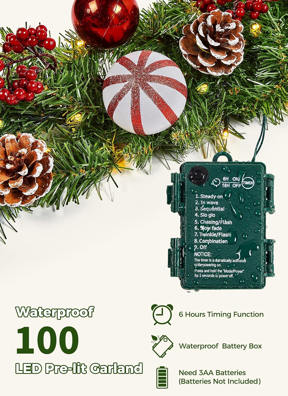 brightown-9ft-christmas-garland-with-lights-battery-operated-100-led-8-modes-tim image 5